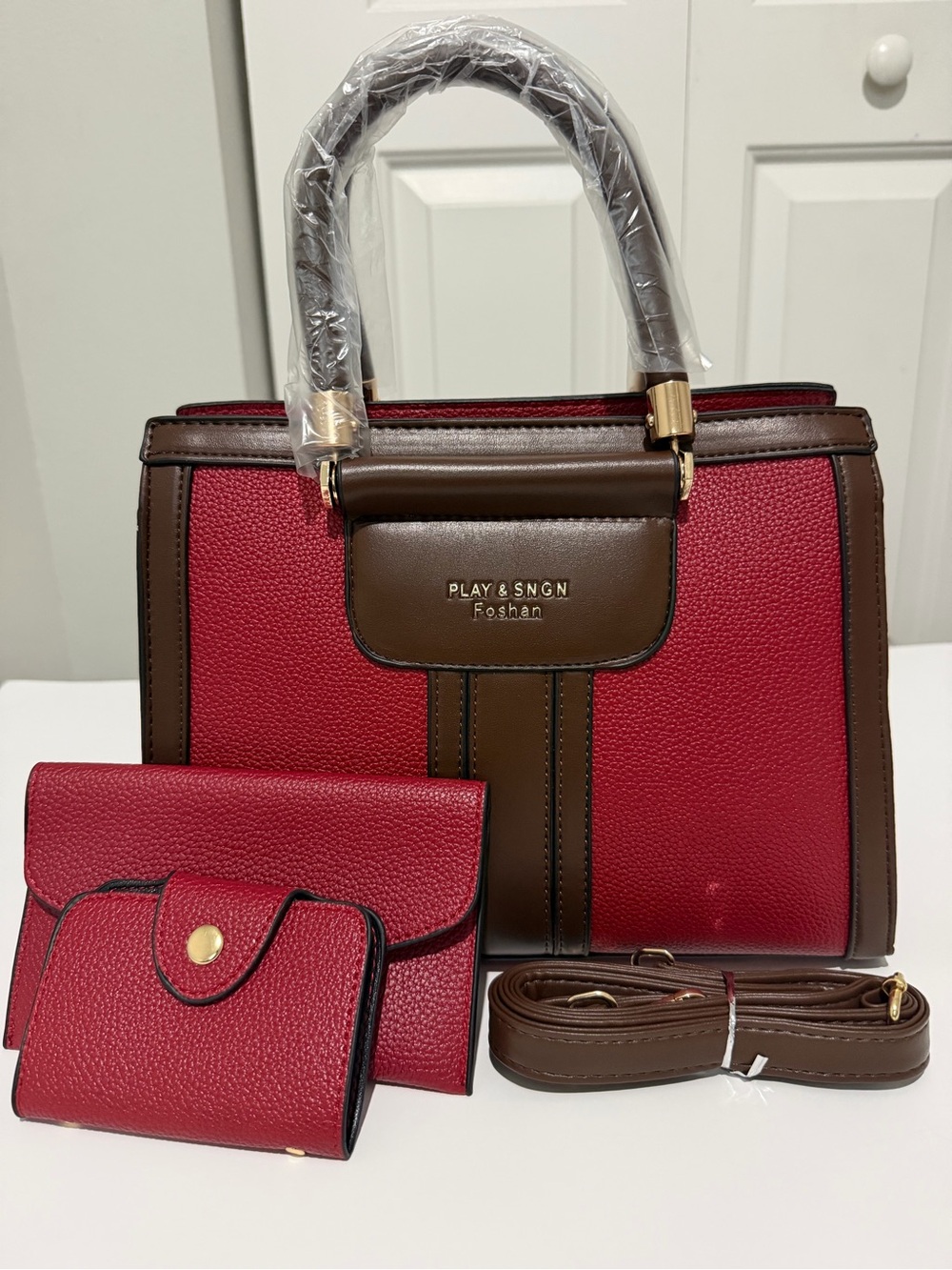 Two-Tone Red and Brown Women’s Satchel Bag Set